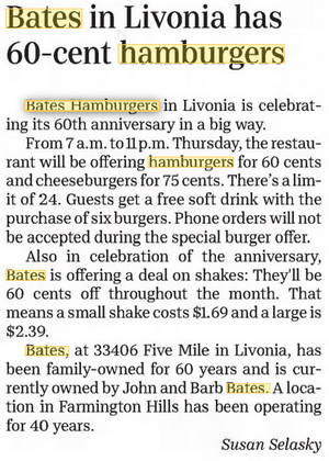 Bates Hamburgers - 2019 Article On 60Th Anniversary (newer photo)